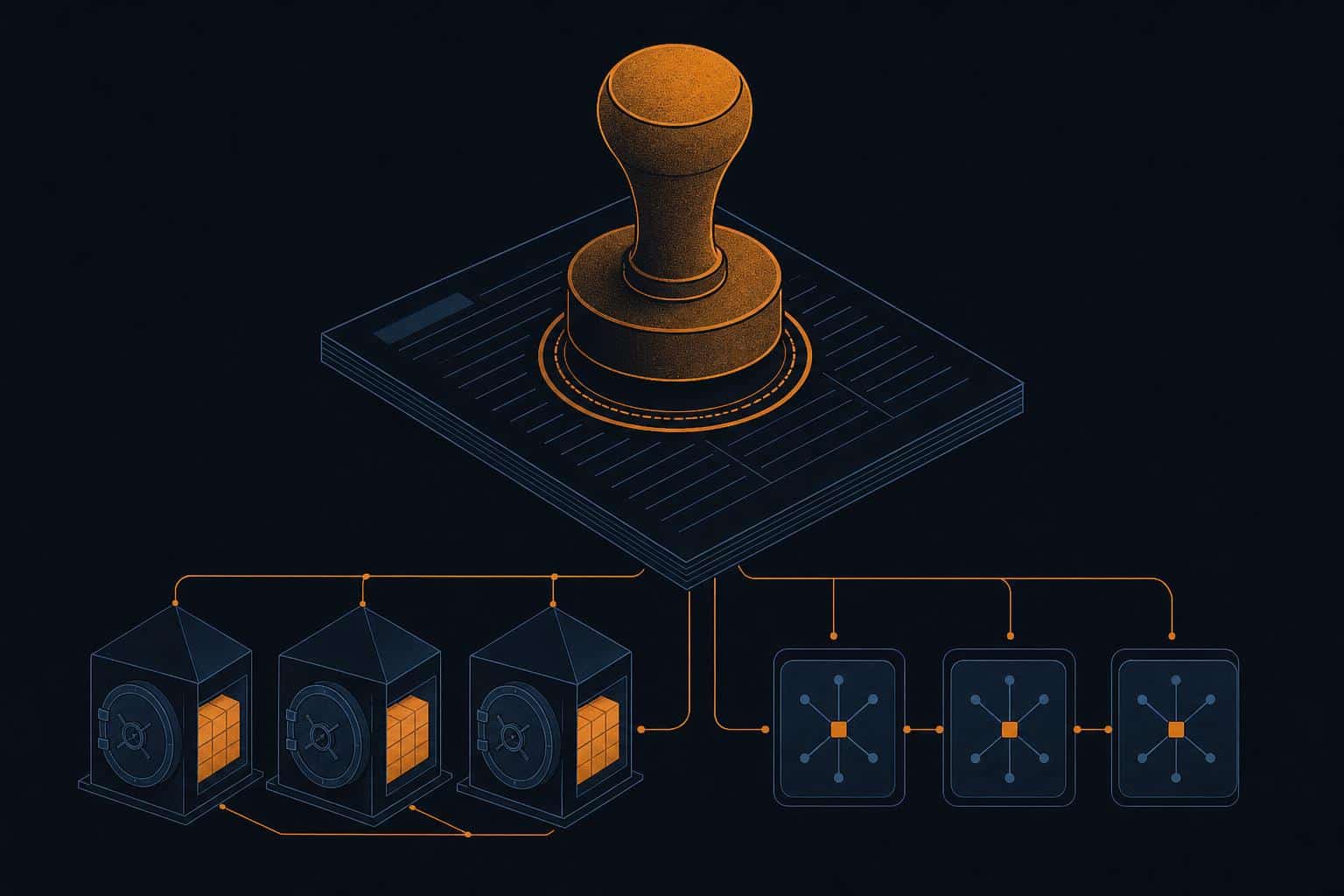 Illustration of a stamped federal approval seal on a ledger document connected by lines to vault and payment network nodes
