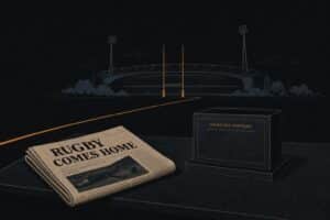 Illustration of an empty sponsorship plinth beside a newspaper, with a stadium silhouette in the background