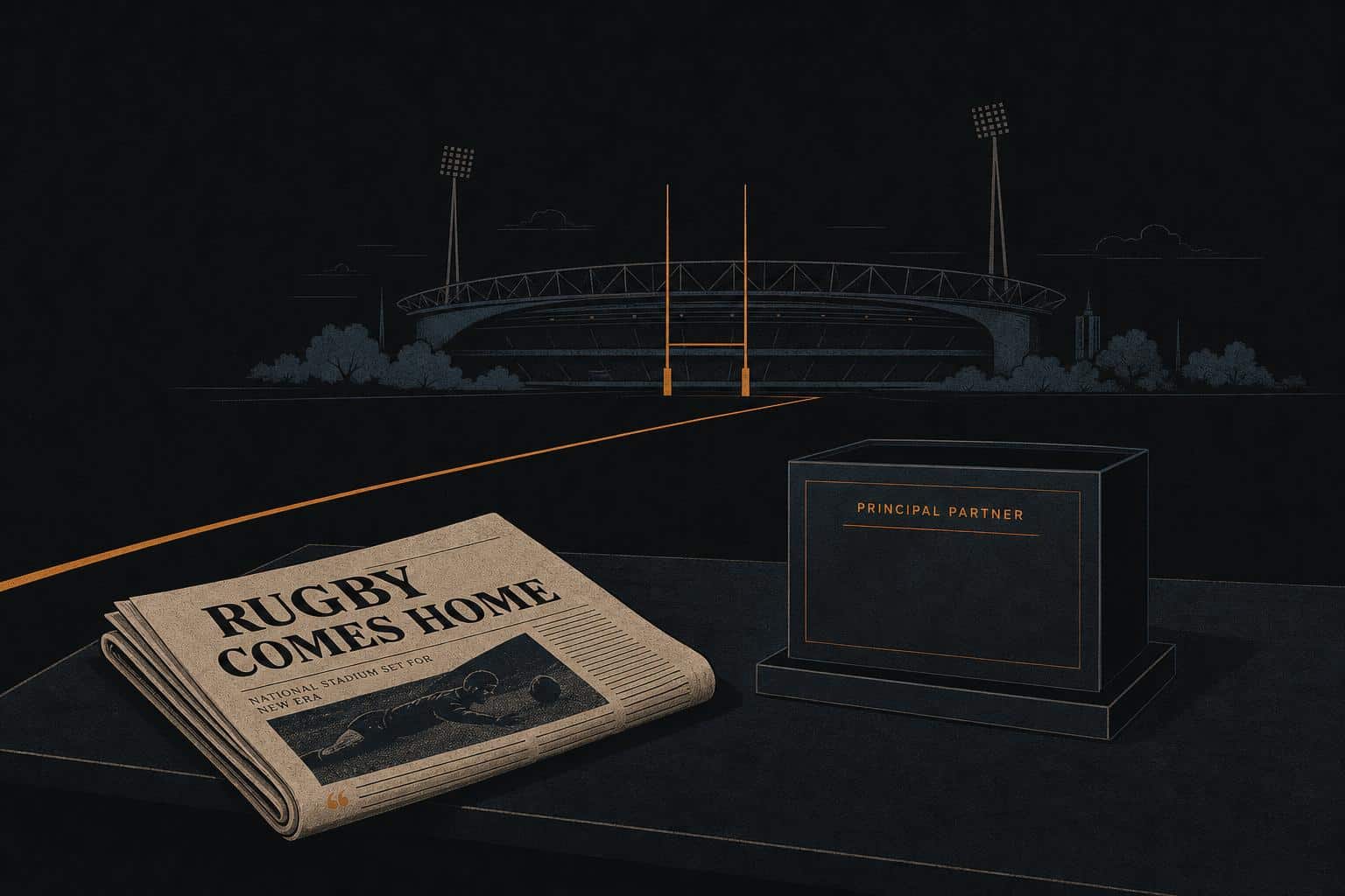 Illustration of an empty sponsorship plinth beside a newspaper, with a stadium silhouette in the background