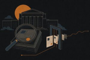 Stylised illustration of a federal regulatory review: a magnifying glass over corporate documents passing through a gate