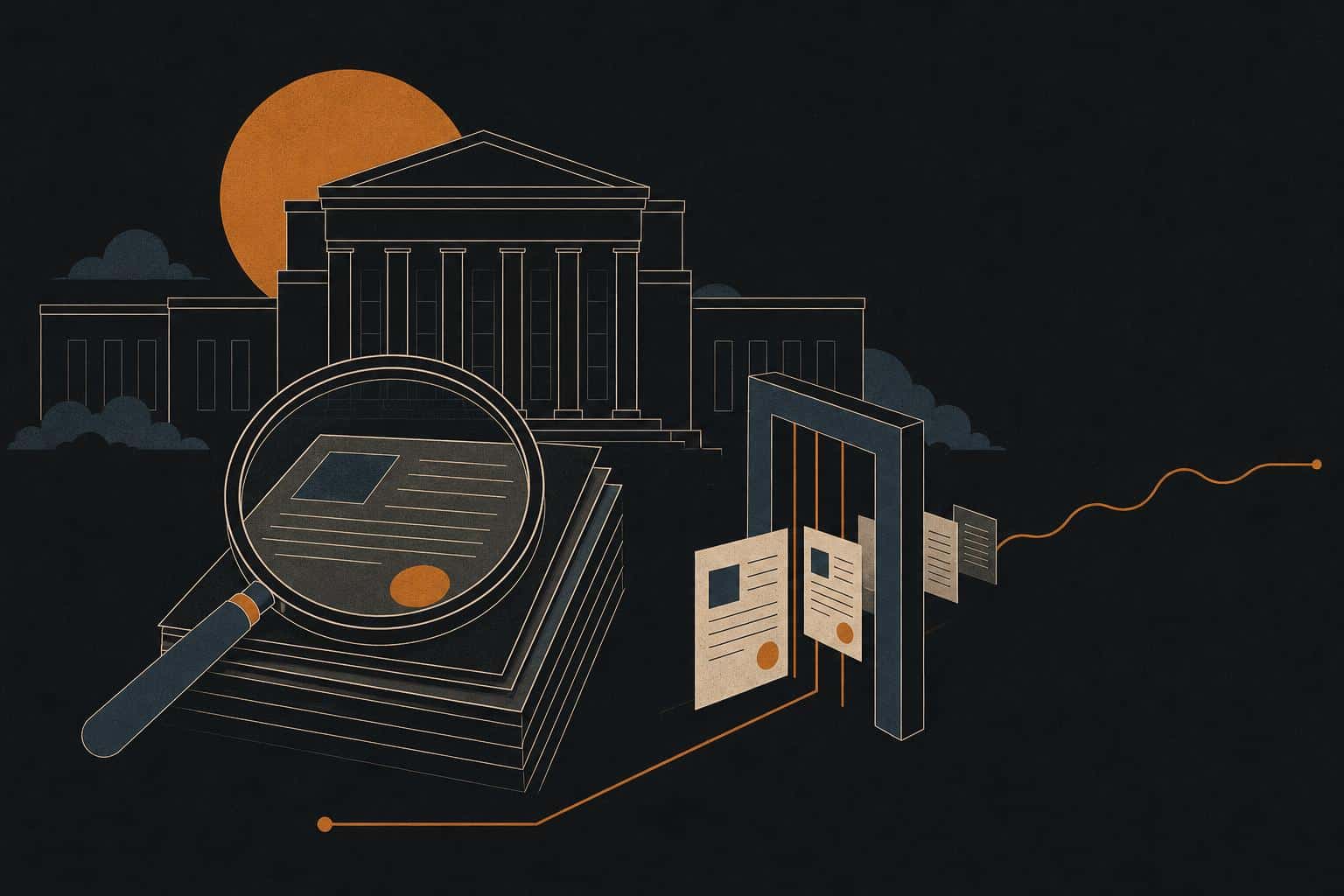 Stylised illustration of a federal regulatory review: a magnifying glass over corporate documents passing through a gate