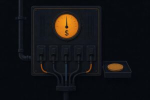 Illustration of a switchboard with a dollar-denominated gauge powering a network, while an unused token sits in a tray