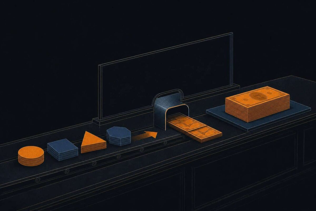 Illustration of flat tokens moving along a conveyor into a conversion slot at a bank counter, emerging as stacked bills into a ledger