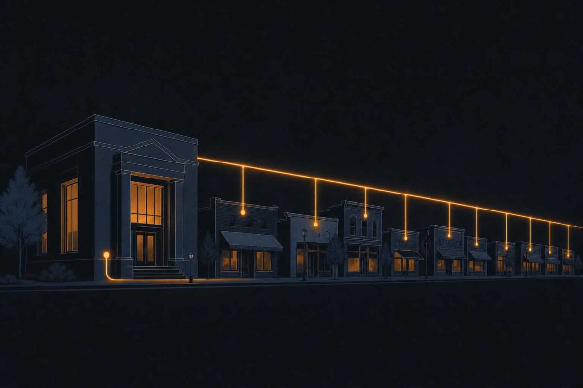 Illustration of a small-town bank branch connected by a glowing payment rail to storefronts along a main street