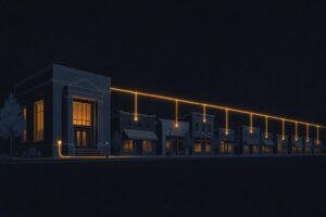 Illustration of a small-town bank branch connected by a glowing payment rail to storefronts along a main street