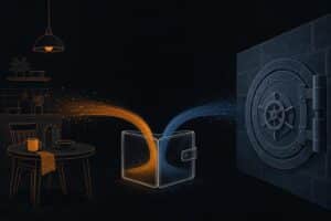 Editorial illustration of a wallet-shaped vessel splitting into two streams, one flowing toward a household table and the other toward a vault door