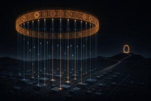 Editorial illustration of light beams from a grid of blocks being checked against a glowing amber ring of seals, representing Ethereum verifying offchain computation with cryptographic proofs