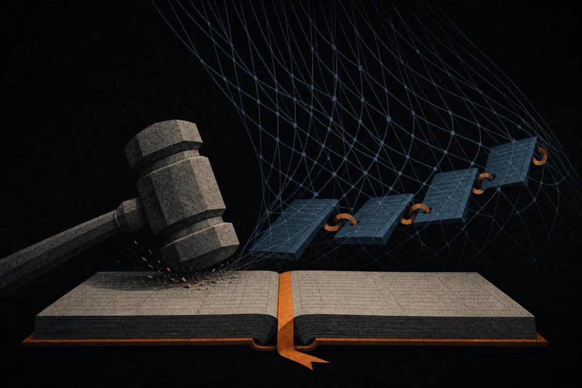 Editorial illustration of a stone gavel striking an open ledger wrapped in an amber ribbon as a net of blue lines tightens around linked ledger pages