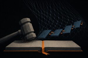 Editorial illustration of a stone gavel striking an open ledger wrapped in an amber ribbon as a net of blue lines tightens around linked ledger pages