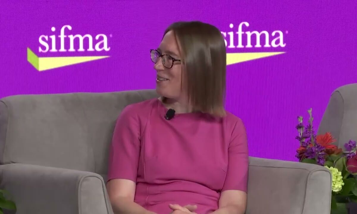 SEC Commissioner Hester Peirce speaking at a financial industry conference on digital assets