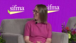 SEC Commissioner Hester Peirce speaking at a financial industry conference on digital assets