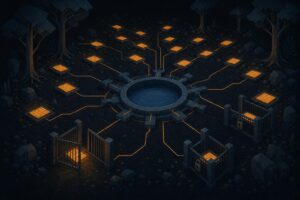 Flat geometric editorial illustration of glowing share tiles on a dark ground connected by amber lines to a central liquidity pool, some sealed behind gates