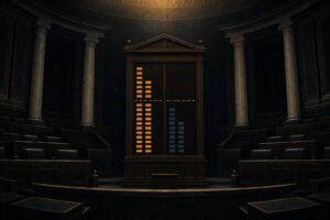 Editorial illustration of an empty legislative chamber with a voting tally board, in amber and slate blue on a dark ground