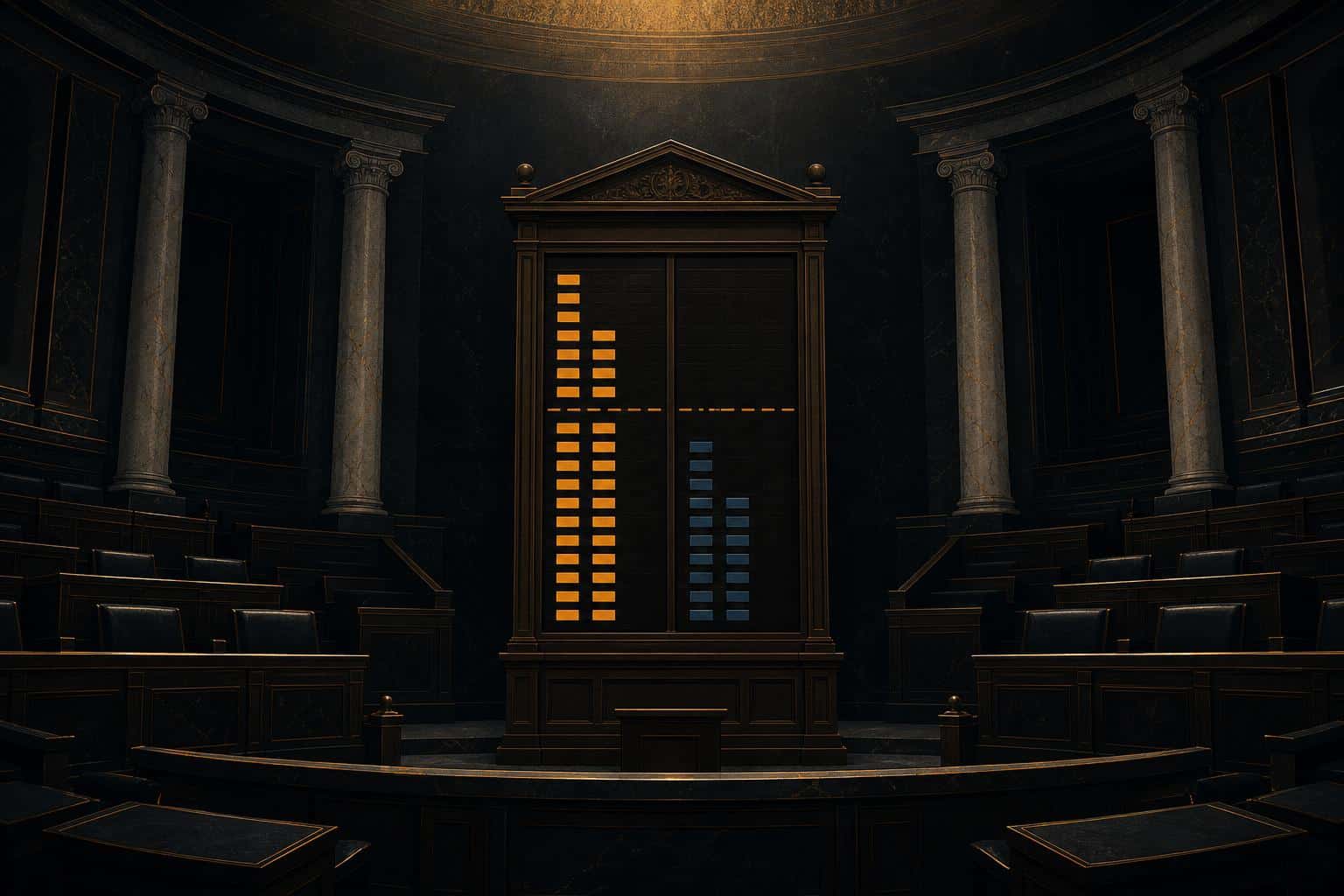 Editorial illustration of an empty legislative chamber with a voting tally board, in amber and slate blue on a dark ground