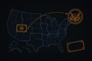 Illustration of a stylised US map with a federal regulator seal and a detached state licence plaque, in InsideBitcoins house colors