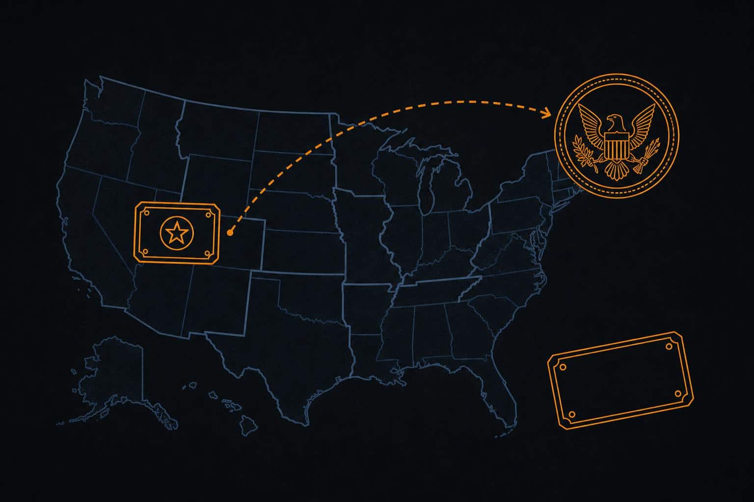 Illustration of a stylised US map with a federal regulator seal and a detached state licence plaque, in InsideBitcoins house colors