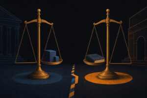 Editorial illustration of two balance scales divided by floor tape, symbolizing a jurisdiction dispute between two regulators