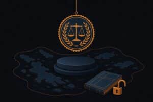 Illustration of an official regulatory seal suspended above a pedestal with a ledger and an open padlock