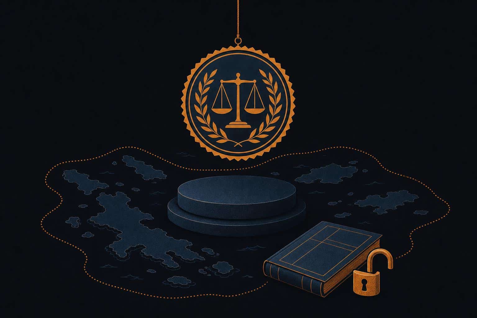 Illustration of an official regulatory seal suspended above a pedestal with a ledger and an open padlock