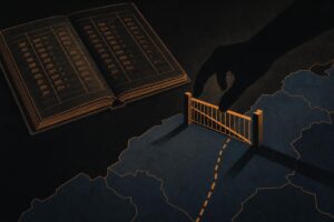 Illustration of an official ledger with tally lines beside a half-closed gate over a boundary line, symbolizing a government weighing a ban against a revenue stream