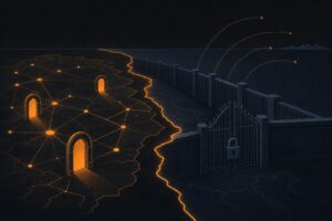 Stylized illustration of a divided map with a locked gate and activity flowing offshore