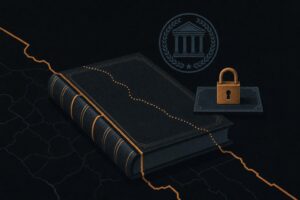 Editorial illustration of a closed institutional ledger beneath a seal and padlock, symbolising new casino regulation
