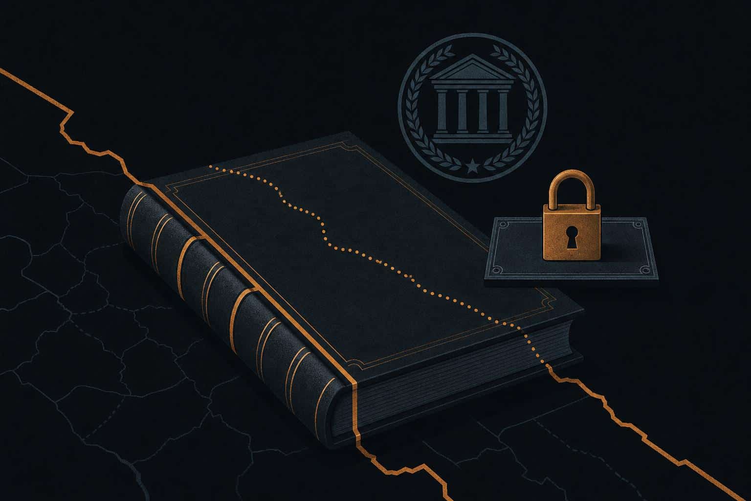 Editorial illustration of a closed institutional ledger beneath a seal and padlock, symbolising new casino regulation