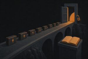 Editorial illustration of a bridge crossing a dark void toward an open, unfastened gate, with a closed ledger book on a pedestal nearby