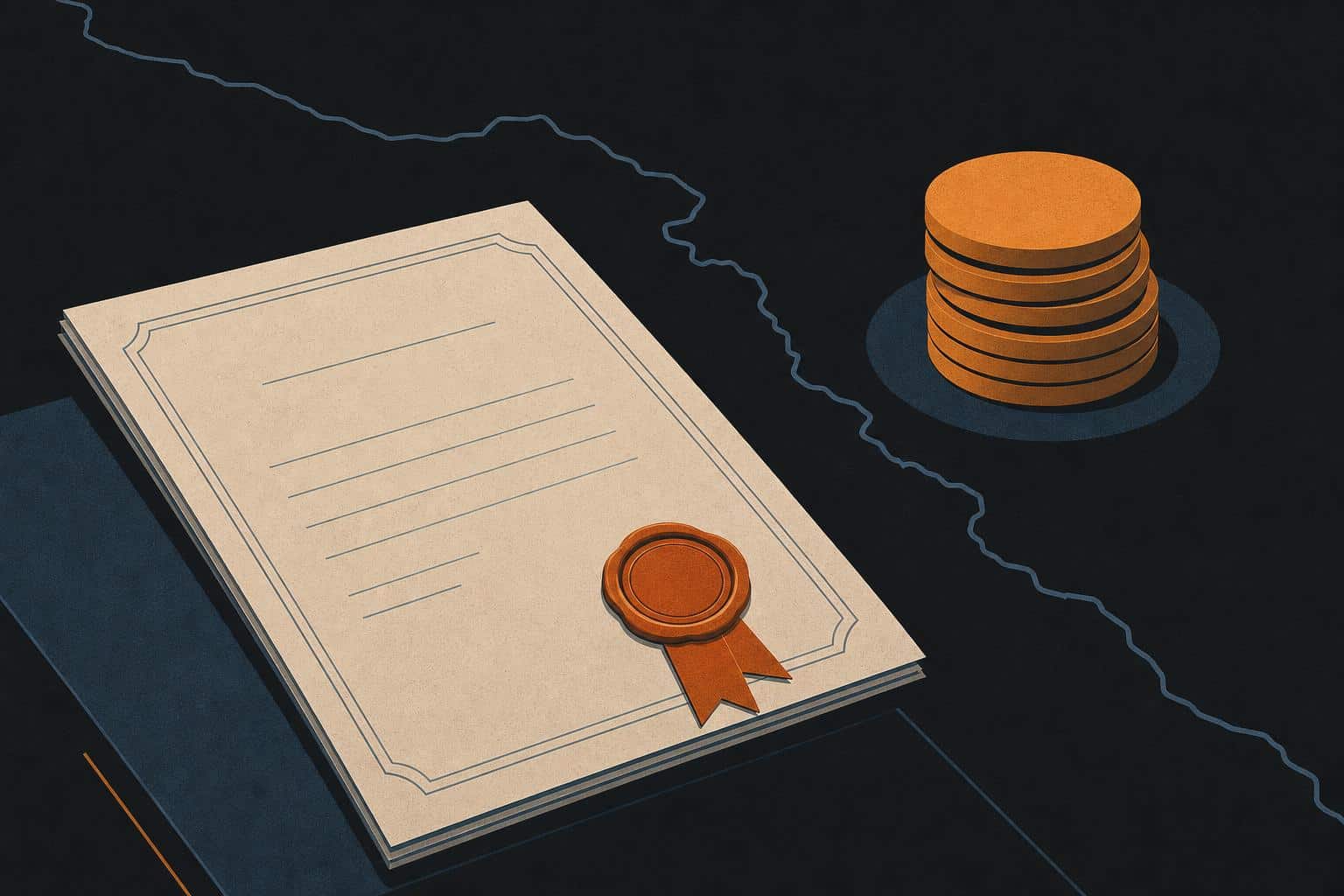 Illustration of an official settlement document with a seal beside a stack of coins and a boundary line
