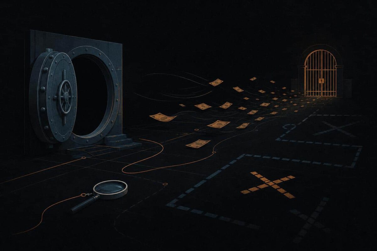Illustration of an open vault with stolen funds drifting toward a locked gate, tracing lines ending at dead ends