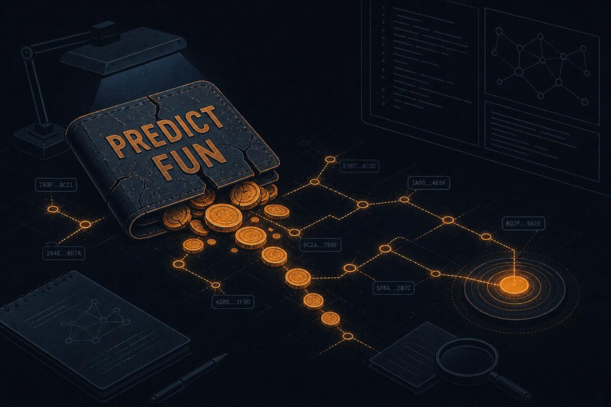 Illustration of a cracked physical wallet spilling coins along a glowing node path, lettered "PREDICT FUN"