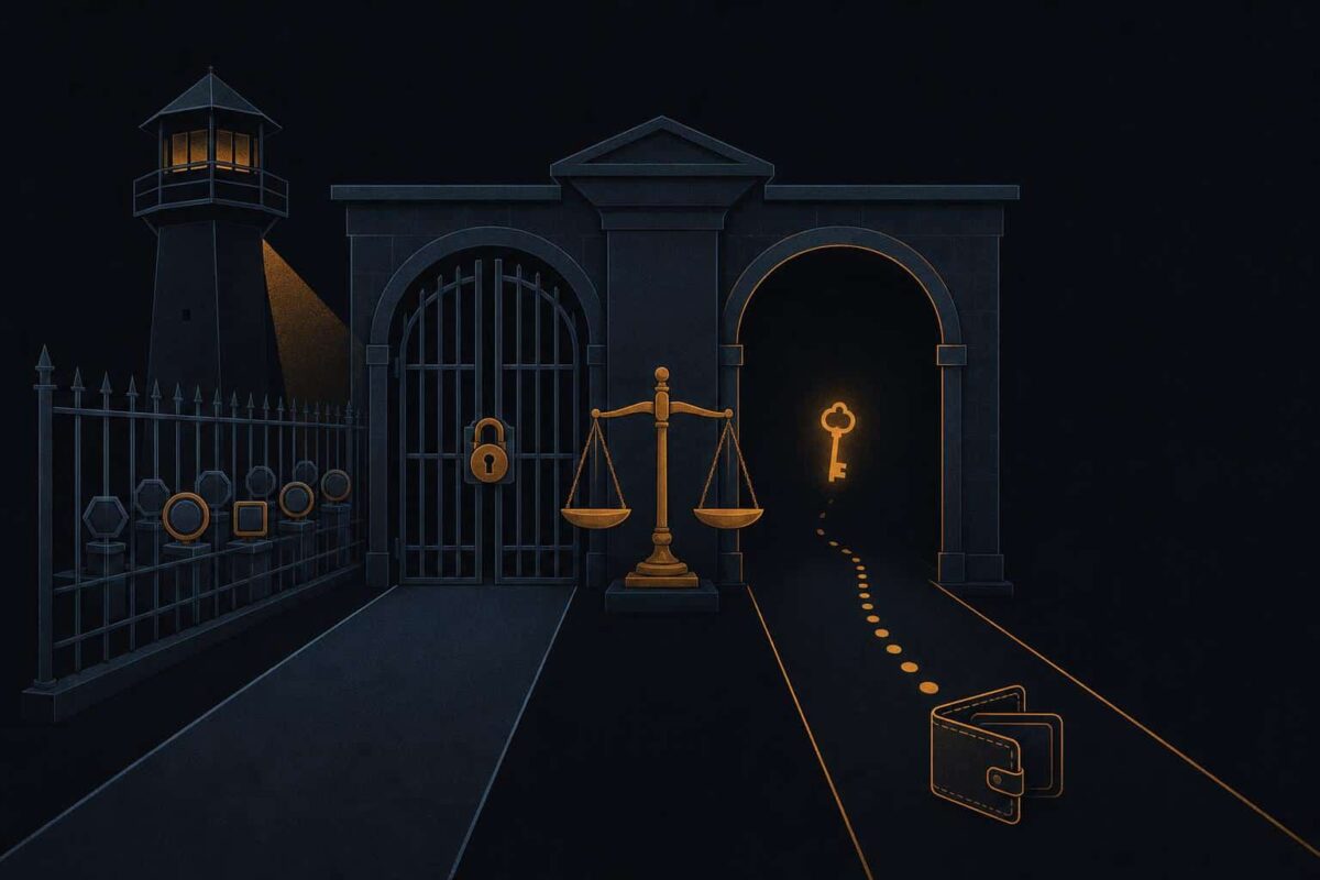 Editorial illustration of a guarded gatehouse with a locked vault on one path and an open archway leading to a free wallet on the other, symbolizing regulated and self-custodied crypto trading paths