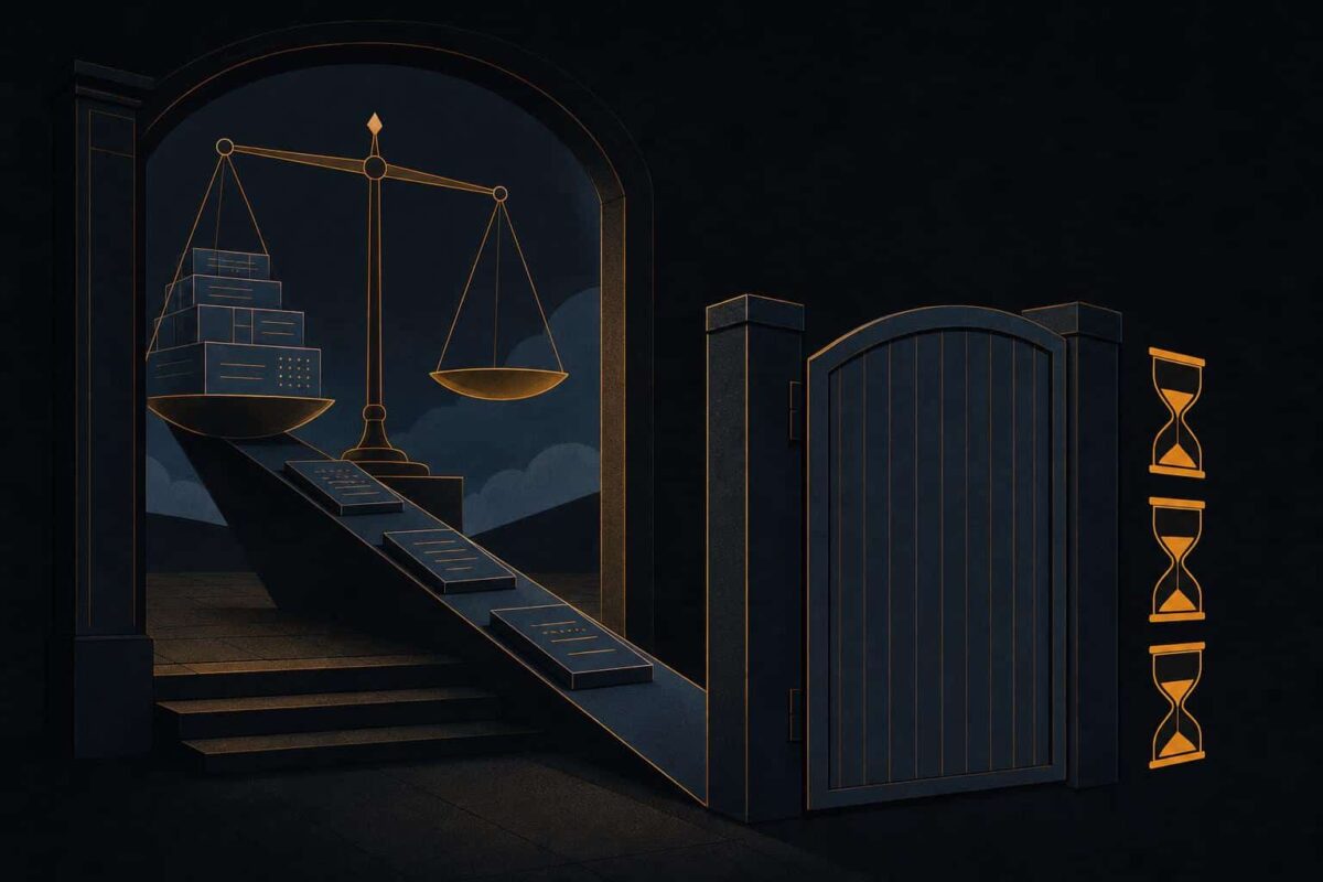 Flat editorial illustration of ledger blocks sliding toward a closing gate beside three amber hourglasses on an off-black ground