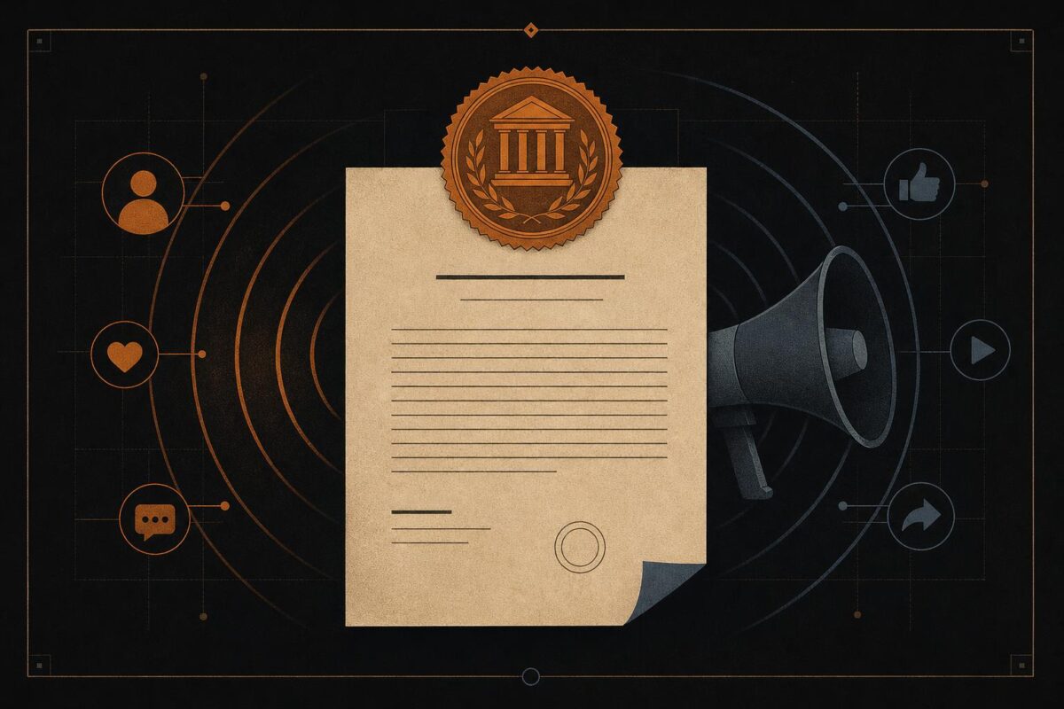 Illustration of a formal regulatory notice pinned under an official seal, with broadcast waves radiating behind it