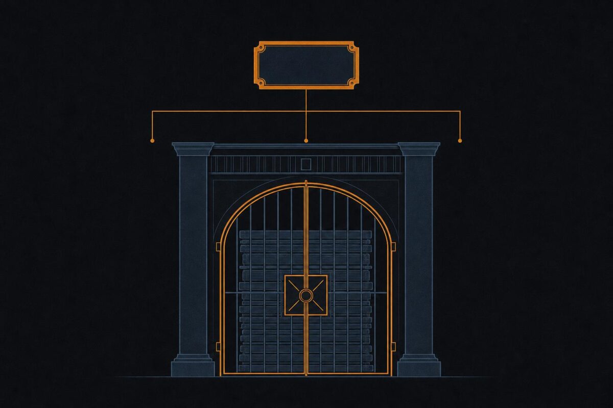 Abstract institutional illustration of a layered regulatory structure with licence plaque, gate and ledger motifs in the InsideBitcoins house style