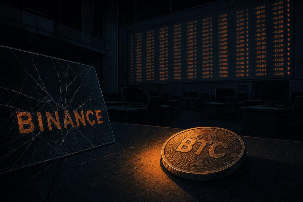 Illustration of a BTC-engraved coin on a dark trading desk beside a cracked panel lettered BINANCE, lit with amber light on an off-black ground