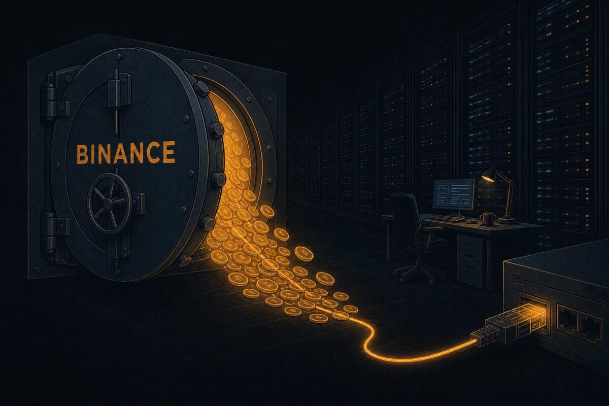 Editorial illustration of a vault door marked BINANCE ajar on a dark exchange floor with a stream of coins pouring out