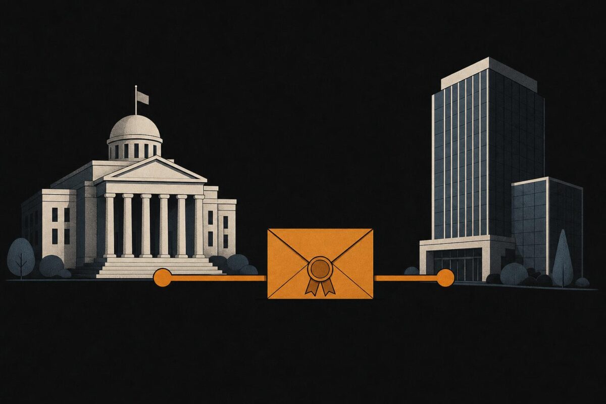 Illustration of an official letter traveling from a government building to a corporate tower along a payment line