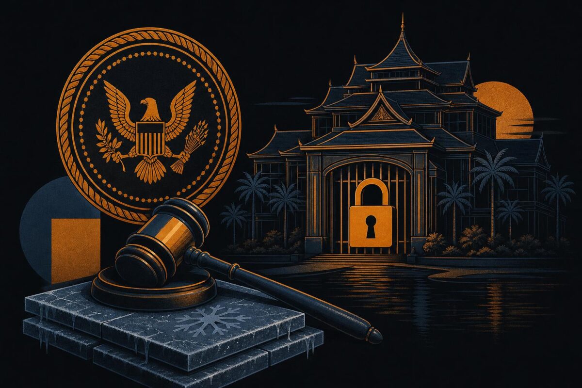 Editorial illustration of a court seal and gavel barring a casino resort building, symbolising Cambodia's asset freeze in the Prince Group case