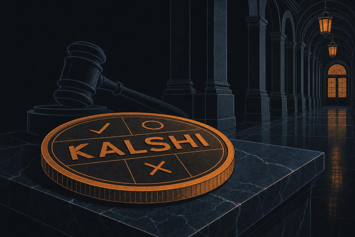 Illustration of a KALSHI contract token resting on a marble bench in a federal courthouse hallway