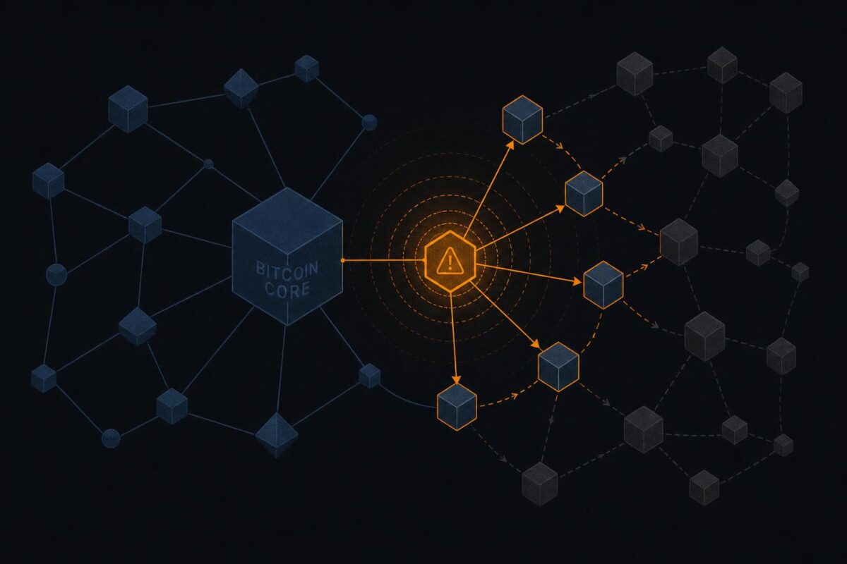 Stylized illustration of a network of nodes with one amber node pulsing a warning signal among outdated grey nodes