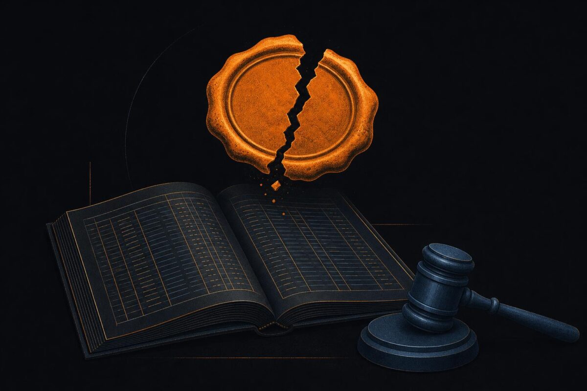 Editorial illustration of an open ledger with a cracked official seal and a gavel, symbolizing a gambling company's earnings report under a regulatory ban
