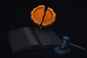 Editorial illustration of an open ledger with a cracked official seal and a gavel, symbolizing a gambling company's earnings report under a regulatory ban
