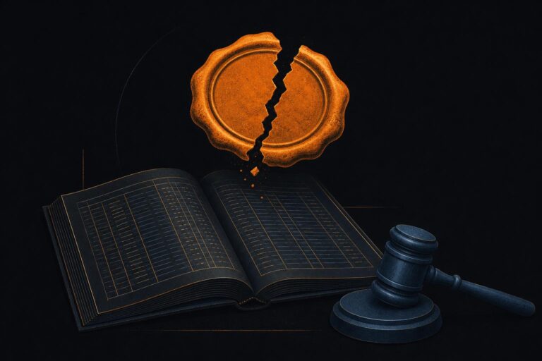 Editorial illustration of an open ledger with a cracked official seal and a gavel, symbolizing a gambling company's earnings report under a regulatory ban