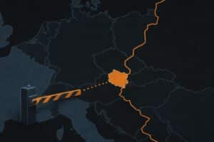 Illustration of a boundary gate closing on a stylised map of Central Europe in amber and slate blue