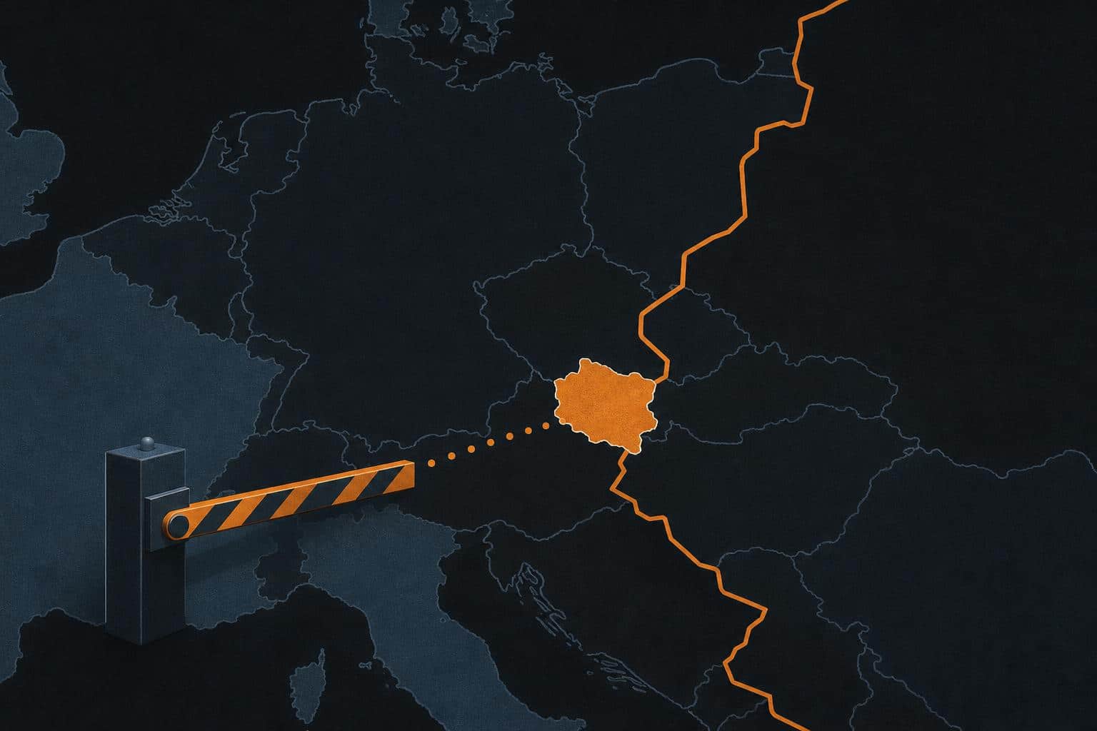 Illustration of a boundary gate closing on a stylised map of Central Europe in amber and slate blue