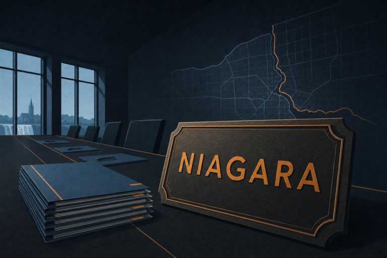Editorial illustration of a licence plaque lettered NIAGARA resting on a table beside bid folders in a procurement hall