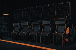 Illustration of gaming cabinets in a shop facing a deadline boundary line