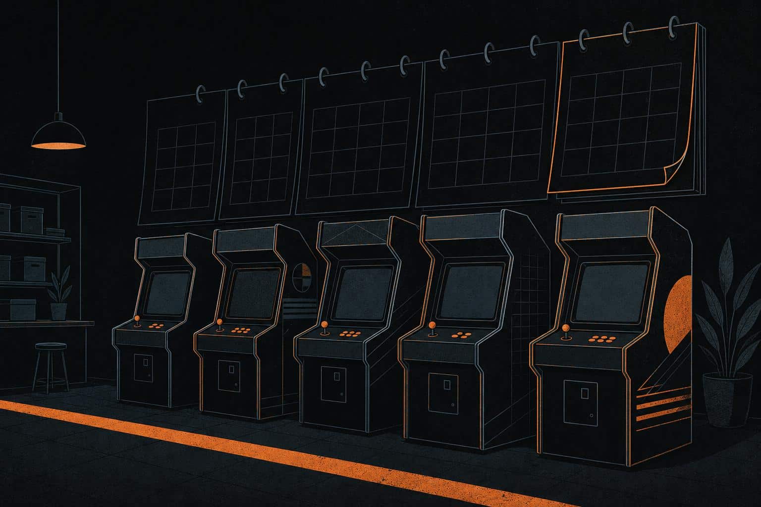 Illustration of gaming cabinets in a shop facing a deadline boundary line