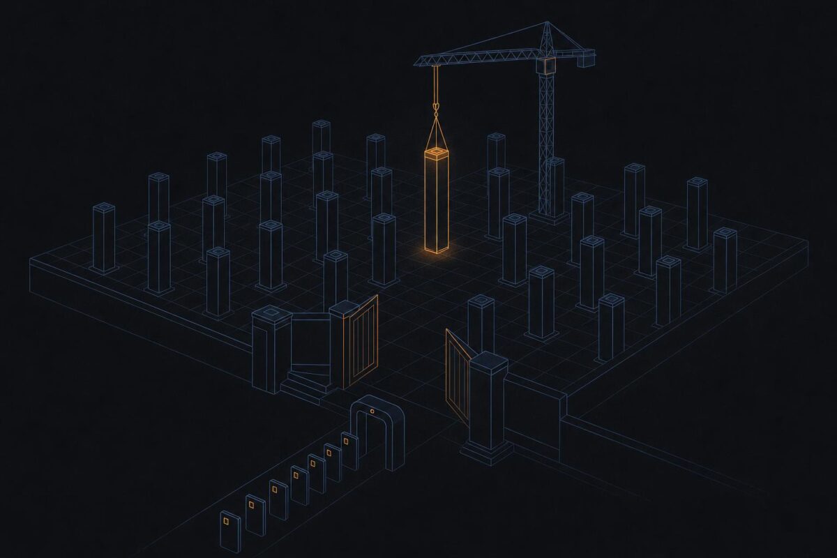 Editorial illustration of a geometric trading floor with one amber-accented pillar being lowered into place among blue-outlined pillars